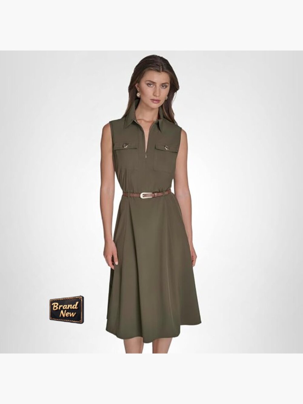 Sleeveless V-Neck Belted Midi Dress with Collar - Fitted, Lightweight, Zipper